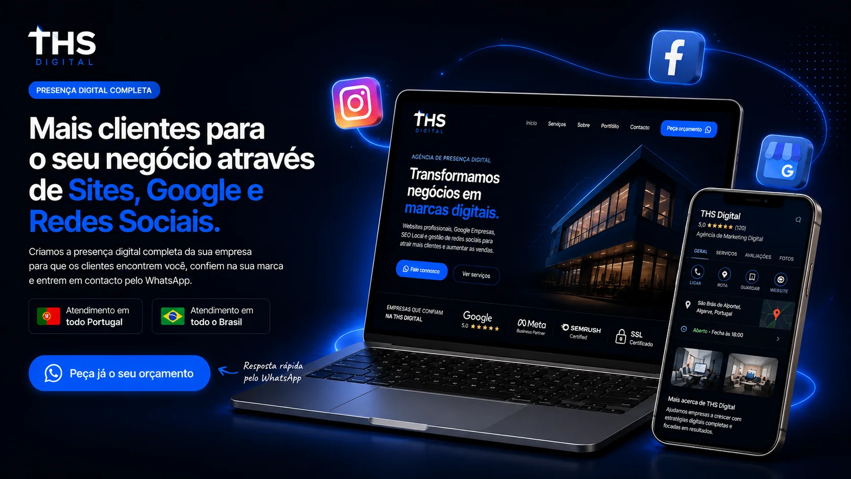 Website, Google Empresas, Instagram e Facebook da THS Digital apresentados em portátil e telemóvel